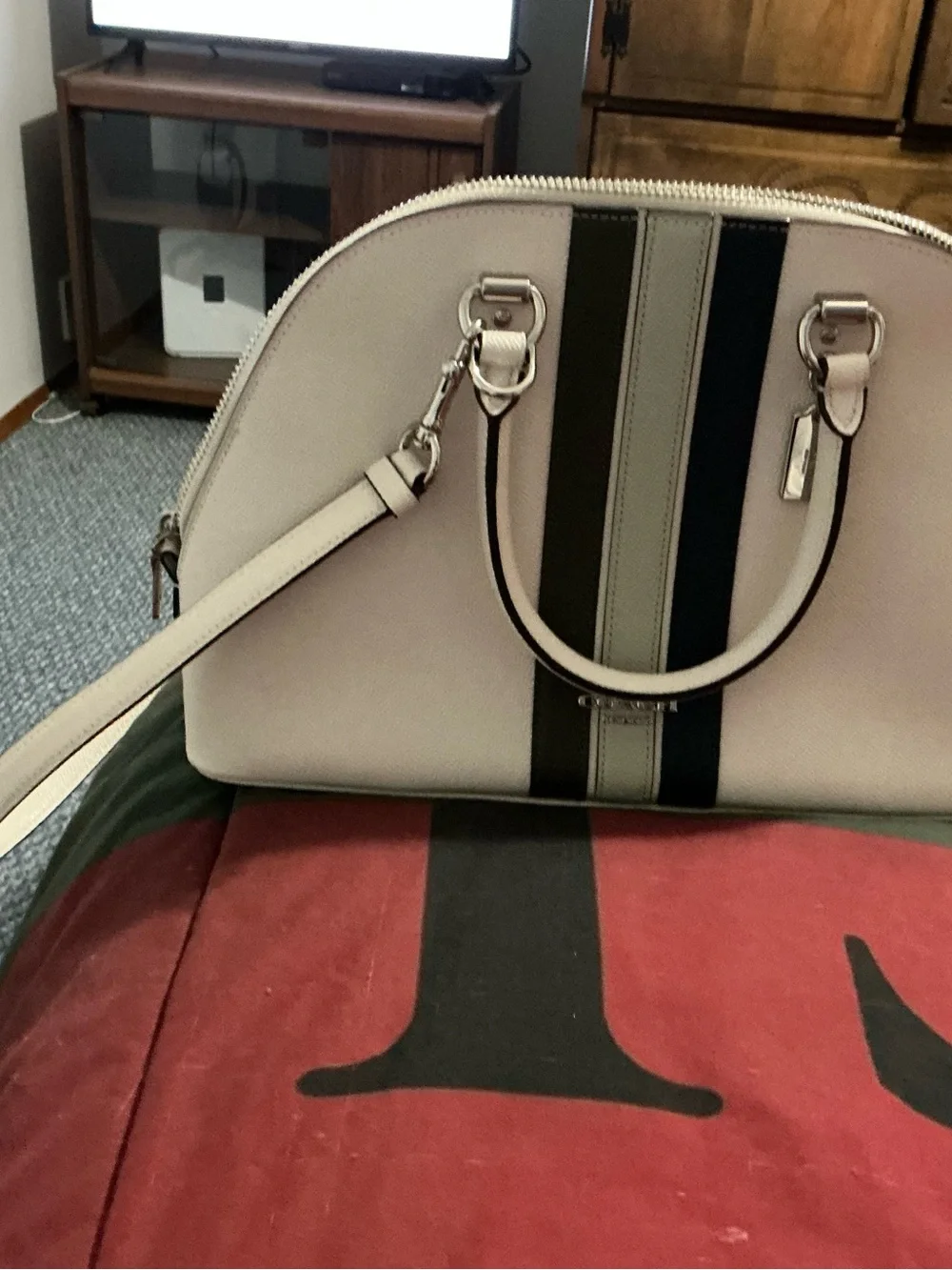 Coach Dome Satchel in Light Beige with Black & Gray Center Stripes